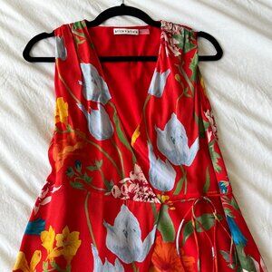 Alice + Olivia Size 2 Red Print Silk Sleeveless Wrap Floral Midi Dress